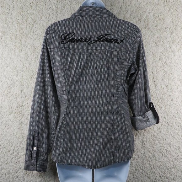 Guess* Women's Long Sleeve Low V-Neck Button Down Curved Hem Shirt~ Size‎ Medium - Picture 2 of 13